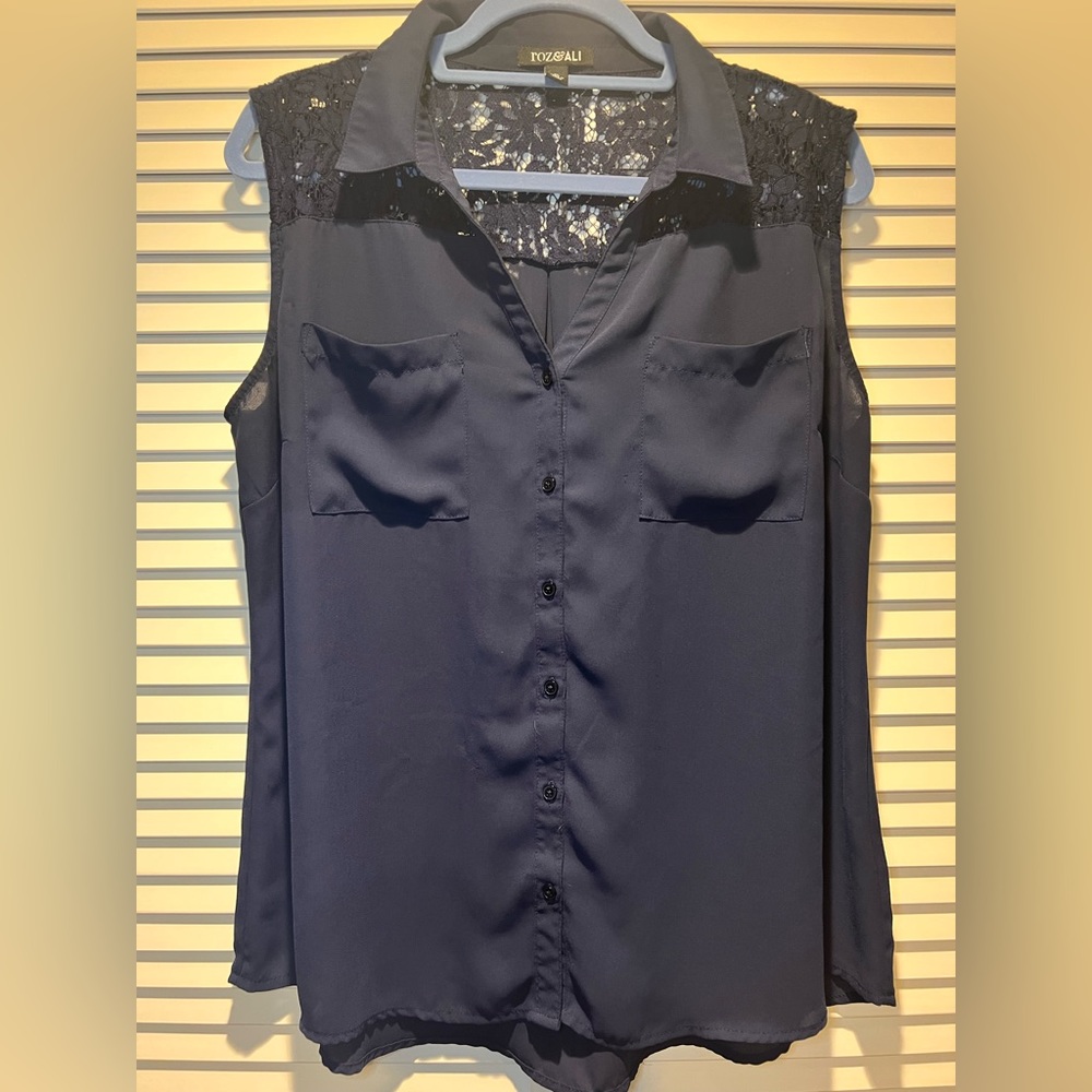 ROZ & ALI Lace Tank, Blue, XL